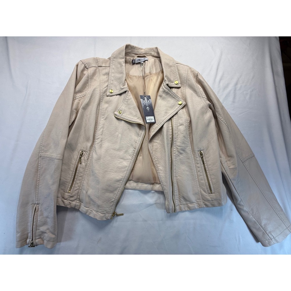 Jennifer Lopez Womens Faux Leather Moto Jacket XL Beige Cream Zip Biker NWT